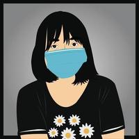 Illustration Anime Cartoon stilvolle Indie kurzes Haar Mädchen tragen blaue chirurgische Maske, die sich vor Corona Virus covid19 flachen Vektor grau Hintergrund schützt