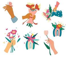 Sammlung von Händen, die Blumensträuße oder Bündel von blühenden Blumen halten Bündel von floralen dekorativen Gestaltungselementen bunte Regenbogen mit Blumen romantische Geschenkvektorillustration vektor