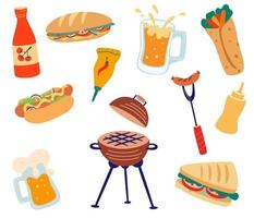 Set mit Grill und Fast Food gegrillte Sandwiches Burger Würstchen Saucen Hot Dog und Bier Lagerfeuer und Naturkost Grillpartys flache Vektor-Illustrationen vektor