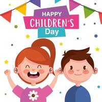 glücklicher Kindertag mit Jungen- und Mädchenkarikaturen-Vektorentwurf vektor