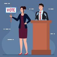 Wahltag Frau hält Abstimmung Banner und Mann auf Podium Vektor-Design vektor
