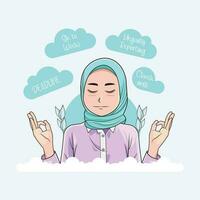 mental und physisch Wohlbefinden. Ruhe entspannend Hijab weiblich Büro Arbeiter fühlt sich erleichtert und Stress kostenlos Meditation kostenlos herunterladen vektor