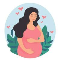 gravid kvinna innehar henne mage. framtida mamma. dekorerad löv och hjärtan. vektor illustration.