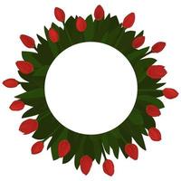 einundzwanzig rote Tulpen, die in einer Kreisblumenschablone oder in einem Modell für einen Text für eine Feiertagskarte, die auf weißem Hintergrund lokalisiert ist, ausgelegt sind vektor