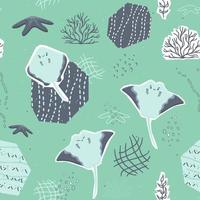 niedliche Cartoon-Stachelrochen-Seesternfiguren mit nahtlosem Muster der Algenkorallen vektor