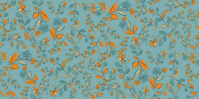 nahtlos Muster Blau Orange Sommer- Blume zeitgenössisch Freiheit feminin botanisch Blumen- Ast. Hand gezeichnet Hochzeit Kraut, minimalistisch Blumen mit elegant Blätter. Hälfte fallen wiederholen Muster. vektor