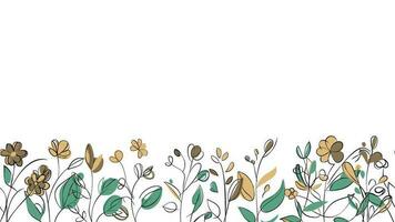 Frühling bunt botanisch eben Vektor horizontal Illustration auf Weiß Hintergrund. Banner Blumen- Hintergrund dekoriert mit Herrlich mehrfarbig Blühen Blumen und Blätter Grenze.