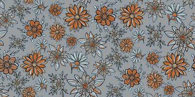 årgång retro orange grå sömlös mönster blomma samtida frihet feminin botanisk blommig gren. hand dragen bröllop ört, minimalistisk blommor med elegant löv. halv släppa upprepa mönster. vektor