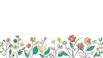 Frühling bunt botanisch eben Vektor horizontal Illustration auf Weiß Hintergrund. Banner Blumen- Hintergrund dekoriert mit Herrlich mehrfarbig Blühen Blumen und Blätter Grenze.