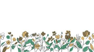 Frühling bunt botanisch eben Vektor horizontal Illustration auf Weiß Hintergrund. Banner Blumen- Hintergrund dekoriert mit Herrlich mehrfarbig Blühen Blumen und Blätter Grenze.