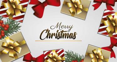 lycklig god jul gyllene bokstäver med gåvor och bågar ramar vektor