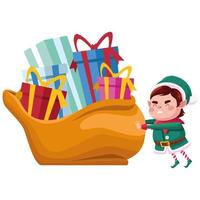 Elf Santa Helfer mit Geschenk Tasche Comic-Figur vektor