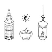 einstellen f Hand gezeichnet islamisch heilig Tag Clip Art. Gekritzel Symbole von Islam - - verschiedene Öl Lampen. isoliert auf Weiß Hintergrund. vektor