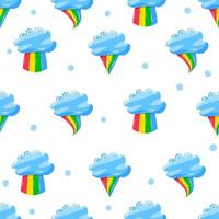 niedliche Wolken mit verschiedenen Regenbogenart im flachen handgezeichneten Stil nahtloses Muster vektor