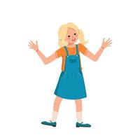 nettes süßes Mädchen in einem Denim-Sommerkleid Schuhe mit blonden Haaren glücklich lächelndes Kind tanzt Umarmungen Hände Teenager mit einem Gesicht Welt internationalen Kindertag vektor