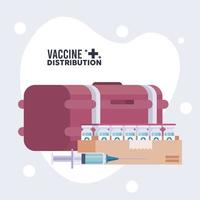 Logistikthema der Impfstoffverteilung mit Tiefkühltruhe und Fläschchen im Karton vektor