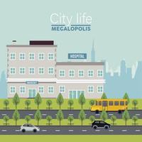 Großstadt-Schriftzug des Stadtlebens in der Stadtbildszene mit Krankenhausgebäuden und -fahrzeugen vektor