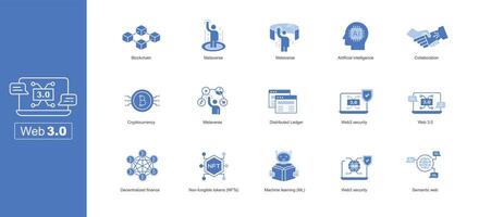 Netz 3 0 Symbol Satz. ein visuell leiten zu das Zukunft von das Internet - - nächste Generation Netz Symbole - - futuristisch Netz Symbole. editierbar Schlaganfall Vektor Linie Symbole.