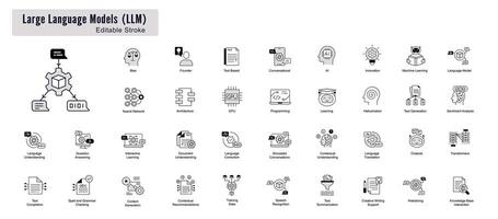 Sprache Modell- Symbole. llm Symbole. NLP, künstlich Intelligenz Symbole. Maschine Lernen Symbole.bearbeitbar Schlaganfall Symbole. vektor