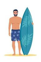 ung man surfare med surfingbräda stående på de strand. leende surfare kille. vektor illustration.