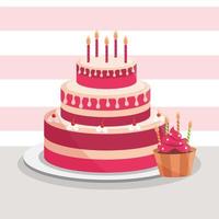 födelsedagstårta och muffin med ljus dekoration vektor