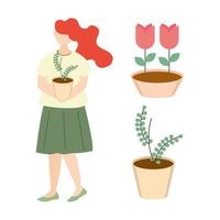 Frau mit Topfpflanzenblumen und Laub im Topfgarten vektor