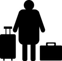 Tourist Mann Stehen mit Gepäck Tasche und Aktentasche Symbol. vektor