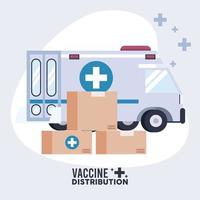 Logistikthema der Impfstoffverteilung mit Kisten und Krankenwagen vektor