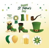 Happy Saint Patricks Day Schriftzug mit Bundle Set Icons vektor