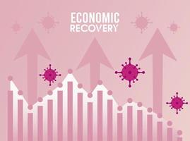 wirtschaftliche Erholung für covid19-Poster mit Pfeilen und Viruspartikeln in Statistikbalken vektor