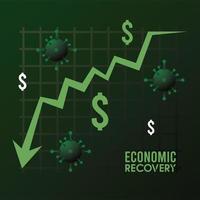 wirtschaftliche Erholung für covid19-Poster mit Dollarsymbolen und Viruspartikeln in der Statistik Pfeil nach unten vektor