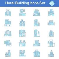 Blau und Weiß Farbe einstellen von Hotel oder Gebäude Symbol im eben Stil. vektor