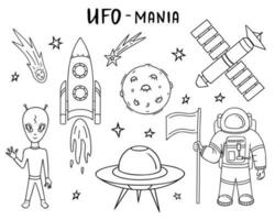 ufo, Plats element, astronaut, utomjording, rymdskepp och raket. illustration för utskrift, bakgrunder och förpackning. bild kan vara Begagnade för affischer, klistermärken. isolerat på vit bakgrund. vektor