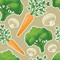 vektor sömlös mönster av färsk grönsaker och svamp. friska mat klistermärken med morötter, och broccoli. naturlig organisk mat från en bruka eller trädgård.