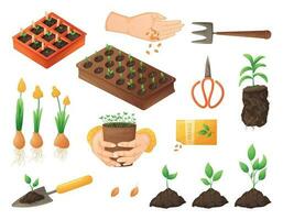 de begrepp av jordbruk, sådd och växande grönsaker och frukter. ung groddar av växter och blommor, trädgårdsarbete Utrustning. uppsättning av vektor isolerat tecknad serie illustrationer.