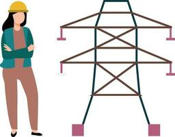 kvinna arbetstagare stående Nästa till ett energi torn. vektor