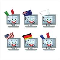 övervaka tecknad serie karaktär föra de flaggor av olika länder vektor