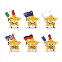 Neu Gelb Sterne Karikatur Charakter bringen das Flaggen von verschiedene Länder vektor