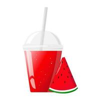 rot frisch Wassermelone Saft im Plastik Glas. Obst Saft im klar Plastik Tasse. Vektor Illustration zum Design von frisch Produkt, Saft, Dosen- Essen, Speisekarte zum Cafe