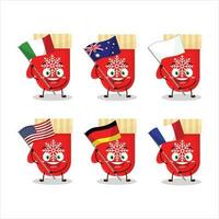 röd handskar tecknad serie karaktär föra de flaggor av olika länder vektor