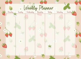 varje vecka planerare dekorerad med jordgubbe. söt ljus schemaläggare och arrangör med sommar växter. modern pappersvaror. vektor illustration.