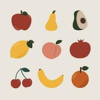 hand dragen vektor illustration av minimal frukt former konst skriva ut element bestå av äpple, päron, avokado, citron, persika, granatäpple, körsbär, banan och orange