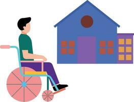 ein Junge im ein Rollstuhl ist draußen das Haus. vektor