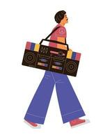 Mann im das 70er Jahre Stil Outfit Gehen mit retro Boom Box eben Vektor Illustration. Charakter von das 70er. isoliert auf Weiß.