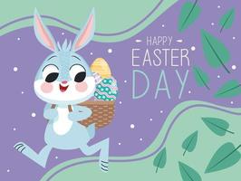 glückliche Ostern-Beschriftungskarte mit dem Rabbin, der das Heben von Eiern im Korb läuft vektor
