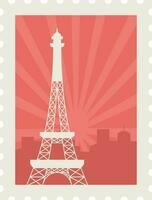 grau Eiffel Turm gegen rot Stadtbild Gebäude mit Strahlen Hintergrund zum Briefmarke, Aufkleber oder Fahrkarte Design. vektor