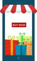 online Einkaufen von Smartphone mit Geschenk Kisten auf Weiß Hintergrund. vektor