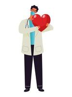 manlig läkare som bär medicinsk mask och stetoskop med hjärta vektor