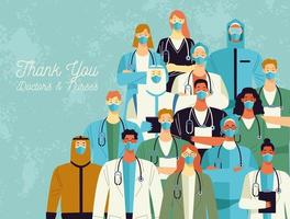 Vielen Dank an Ärzte und Krankenschwestern Schriftzug und interracial medizinisches Personal vektor