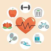 hjärtkardio med bunt med åtta hälsosamma livsstilssymboler vektor